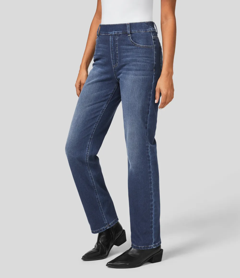 Magic High Waisted Multiple Pockets Straight Leg Washed Stretchy Knit Casual Jeans