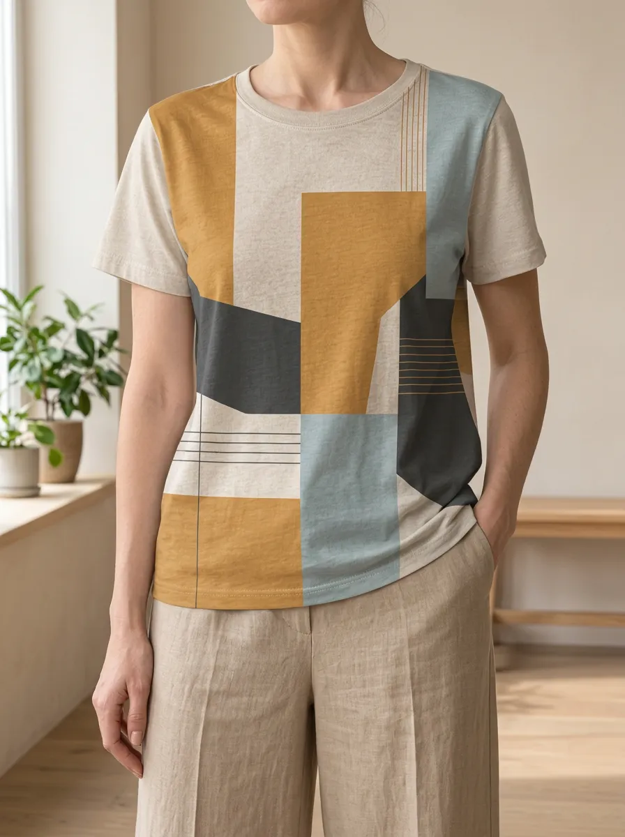 Women's Abstract Geometric Color Block Printed T-shirt