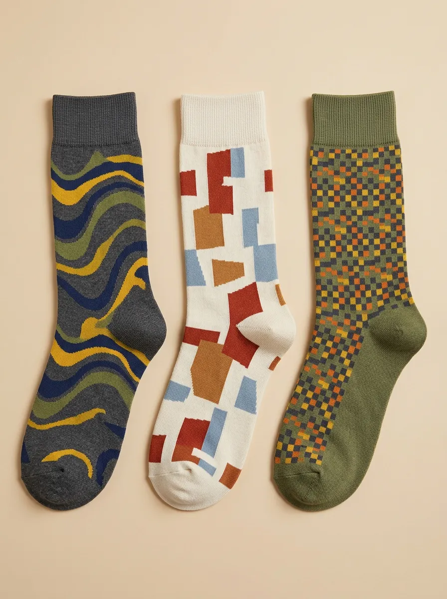 Men's Wave Pattern Checker Pattern Patterned Sock Trio