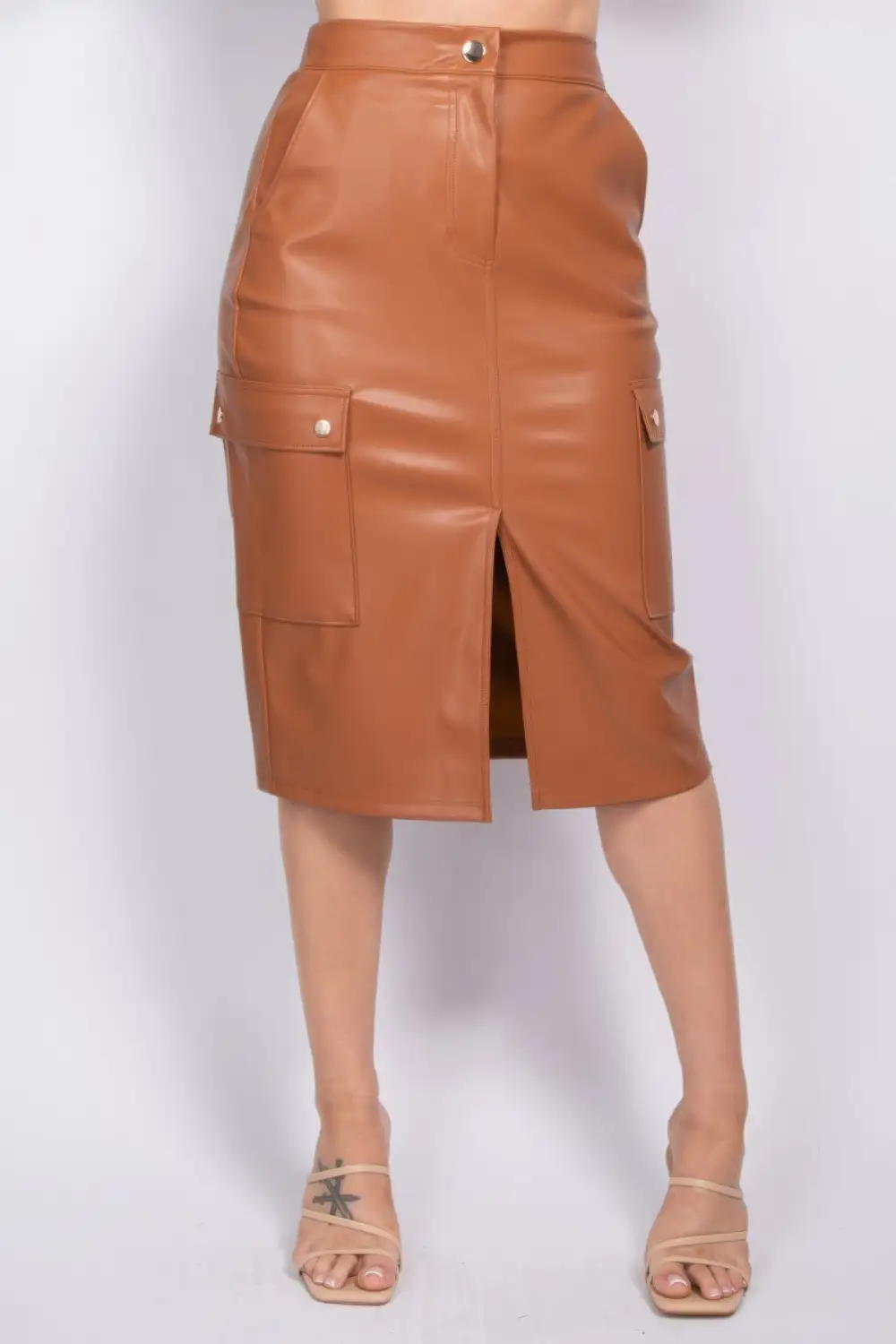 Button Front Faux Leather Skirt