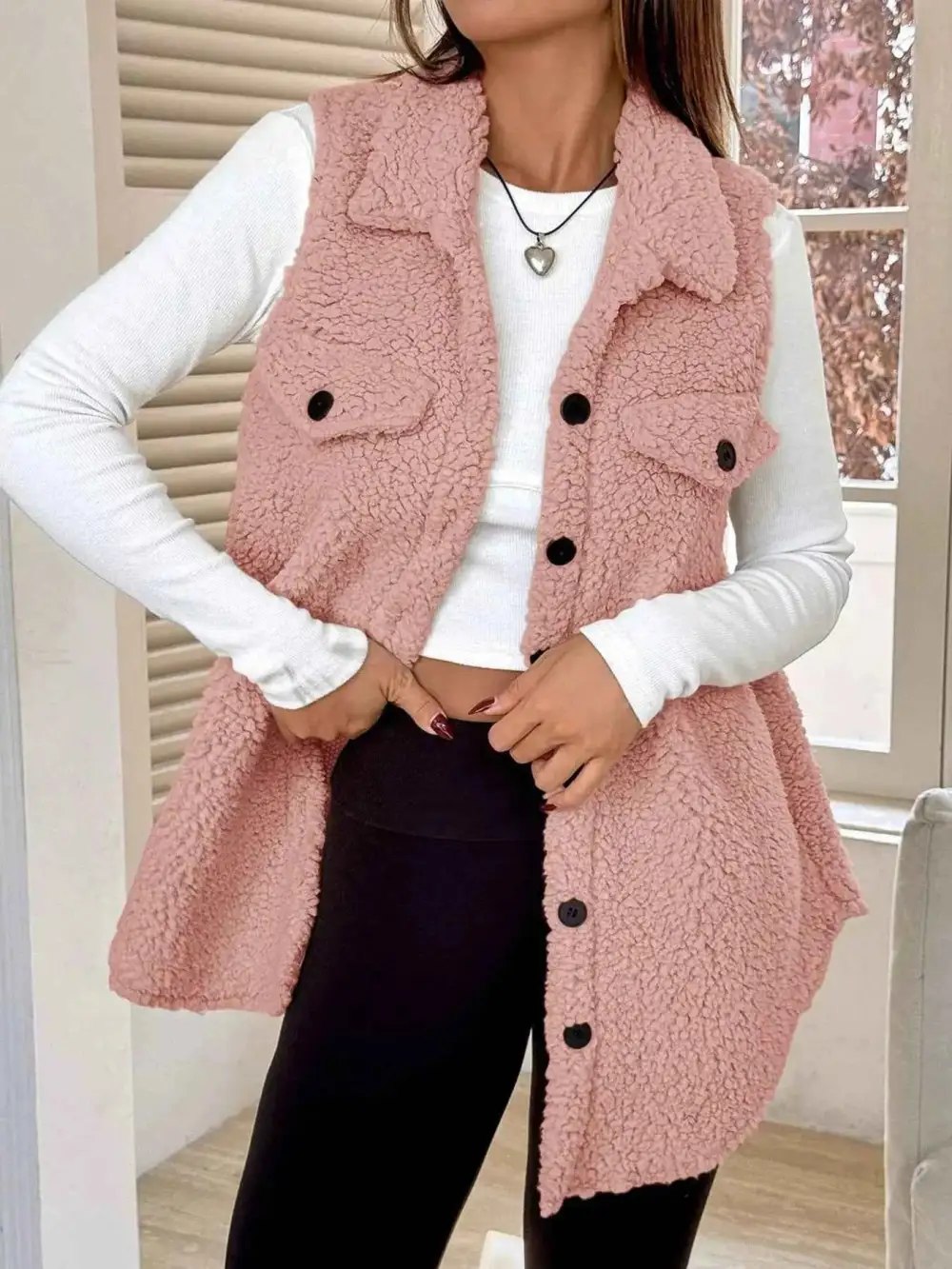 Button Down Sherpa Fleece Vest Coat