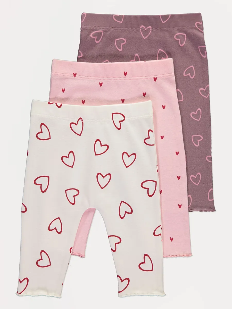 Pink Hearts Lettuce Edge Leggings 3 Pack