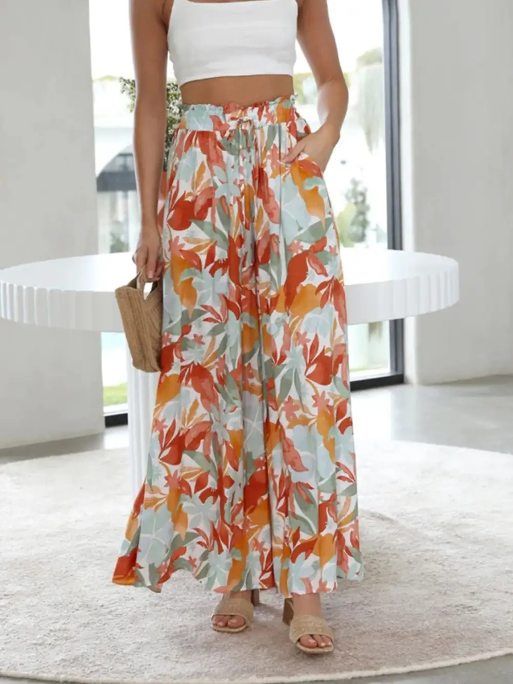 Printed Wide Leg Detail Pants