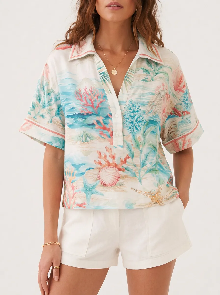 Women's Beach Ocean Coral Seashell Printed Polo Shirt
