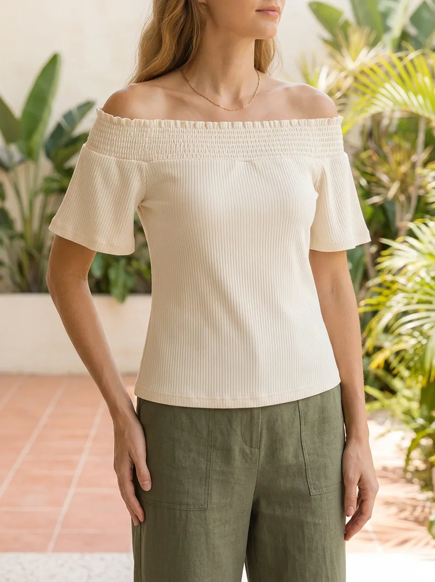 Women's Casual Summer Beige Ribbed Off-Shoulder Top