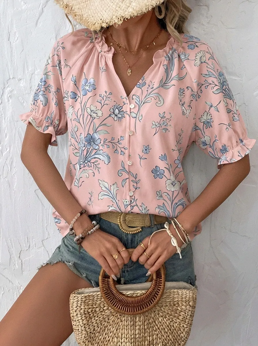 Women's Vintage Floral Botanical Printed Button-Down Blouse