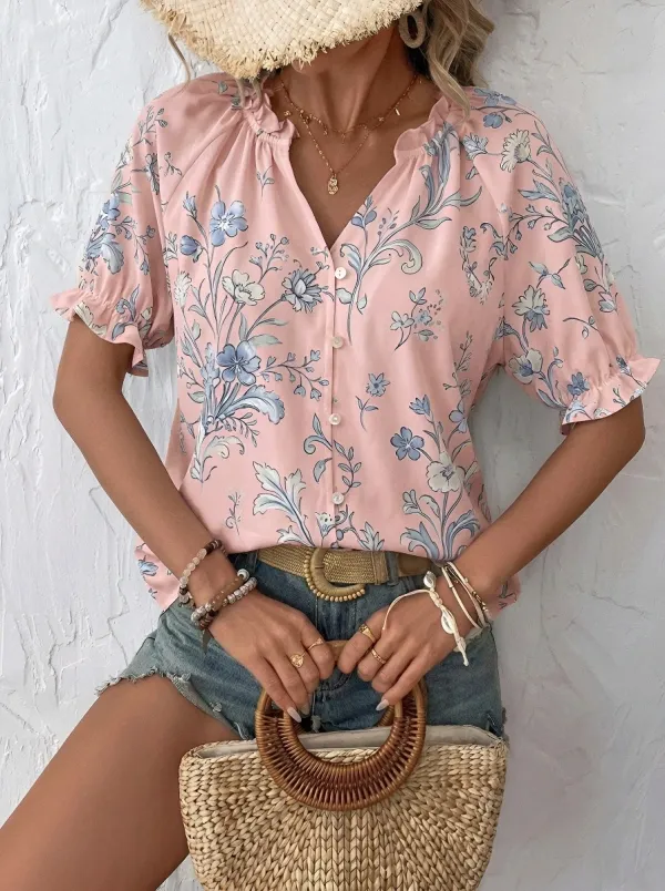 Women's Vintage Floral Botanical Printed Button-Down Blouse