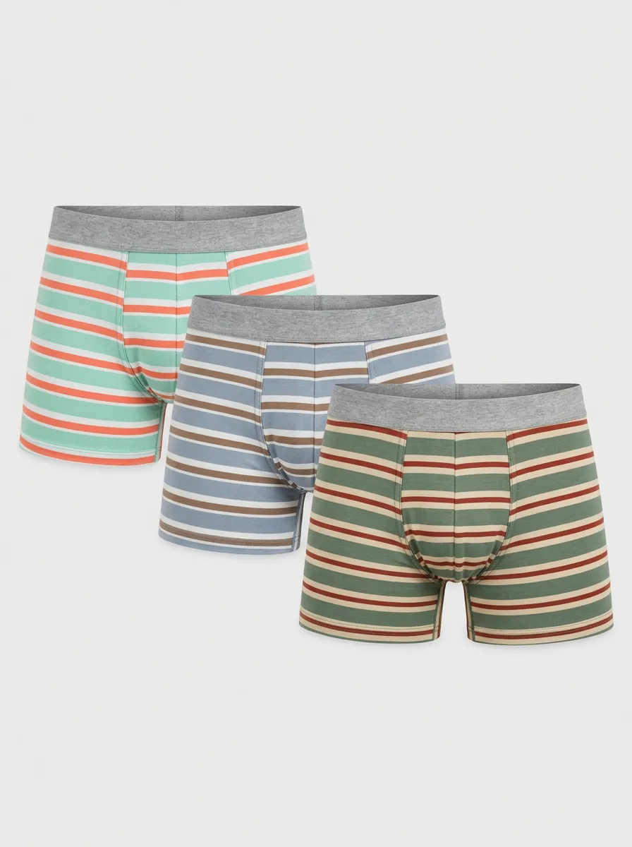 Men's Casual Style Multi-colored Striped Printed Boxer Briefs 3-Pack