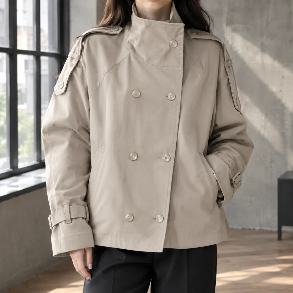 Double-Breasted Stand Collar Hip-Length Jacket