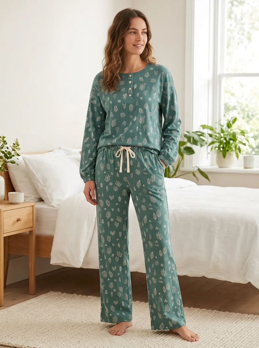 Botanical Leaf Henley Neck Long Sleeve Short Sleeve Women's Printed Pajama Set