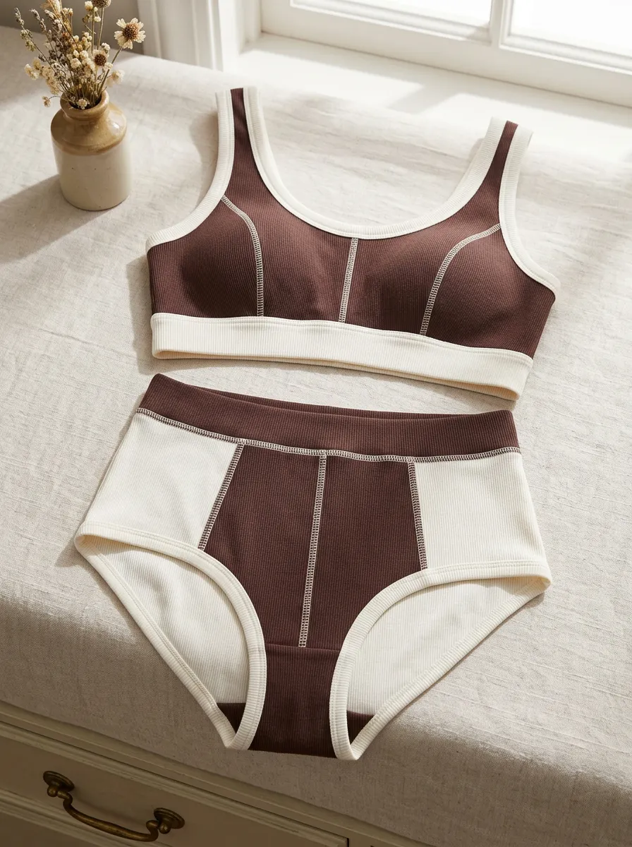 Women's Minimalist Colorblock Ribbed Tone Lingerie Set