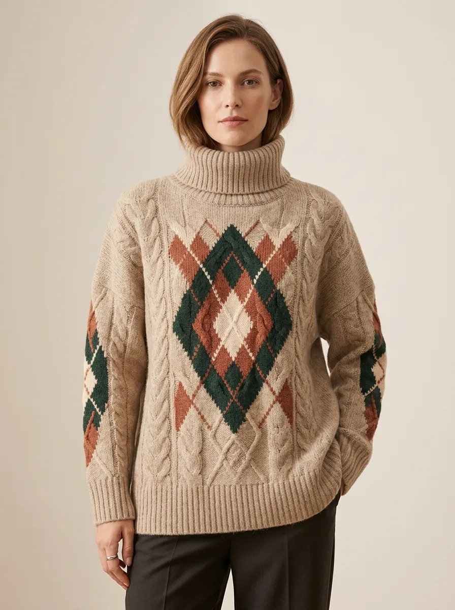 Women's Vintage Argyle Pattern Cable Knit Turtleneck Sweater