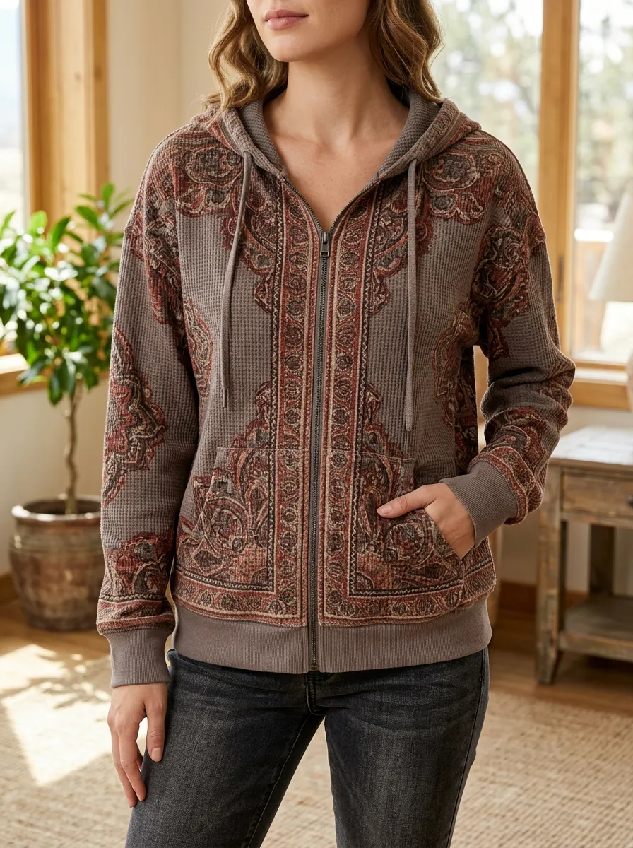 Women's Boho Paisley Artful Pattern Waffle Zip-Up Hoodie