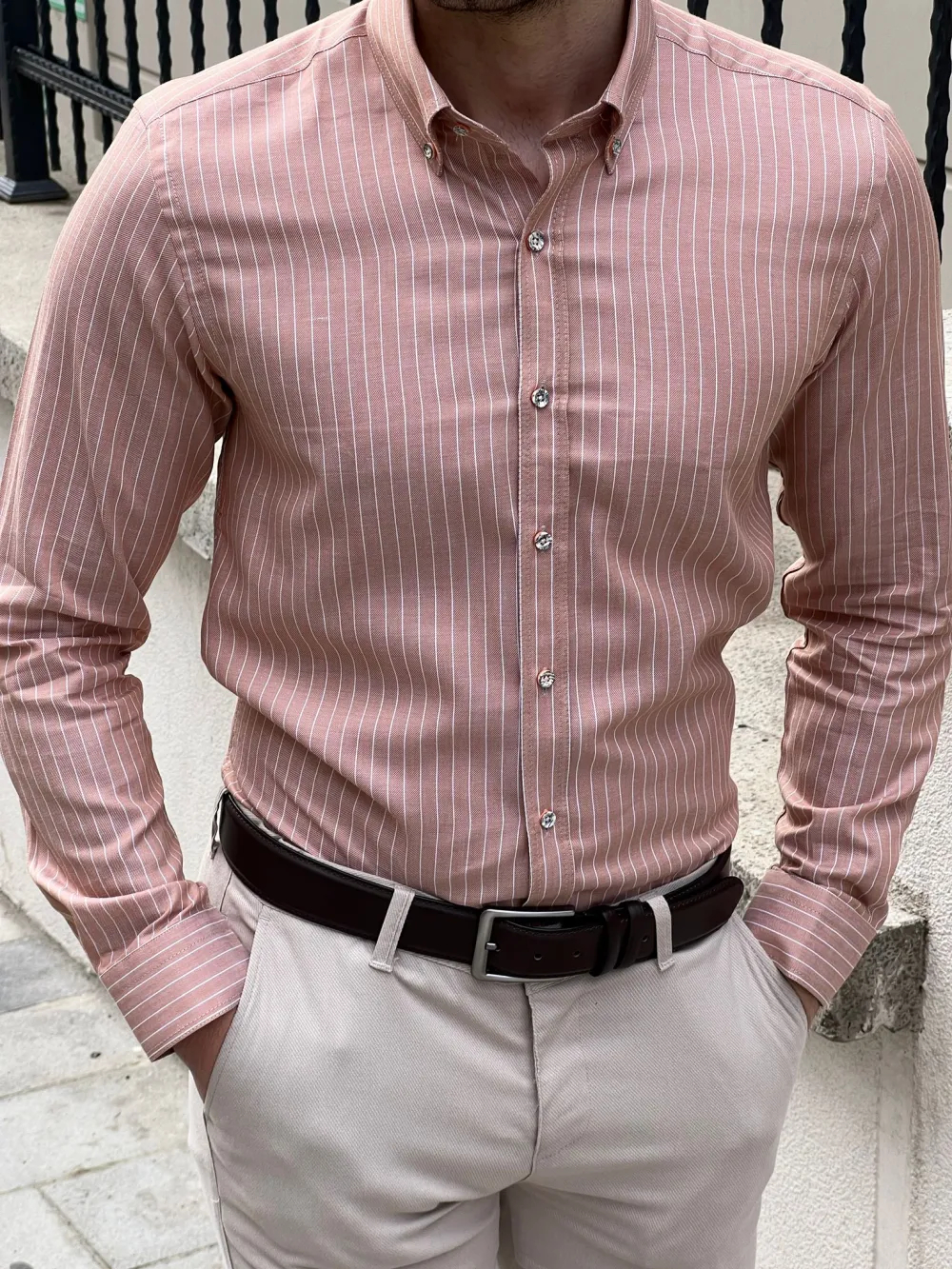 Textured Button Collar Slim Fit Striped Cotton Casual Shirt