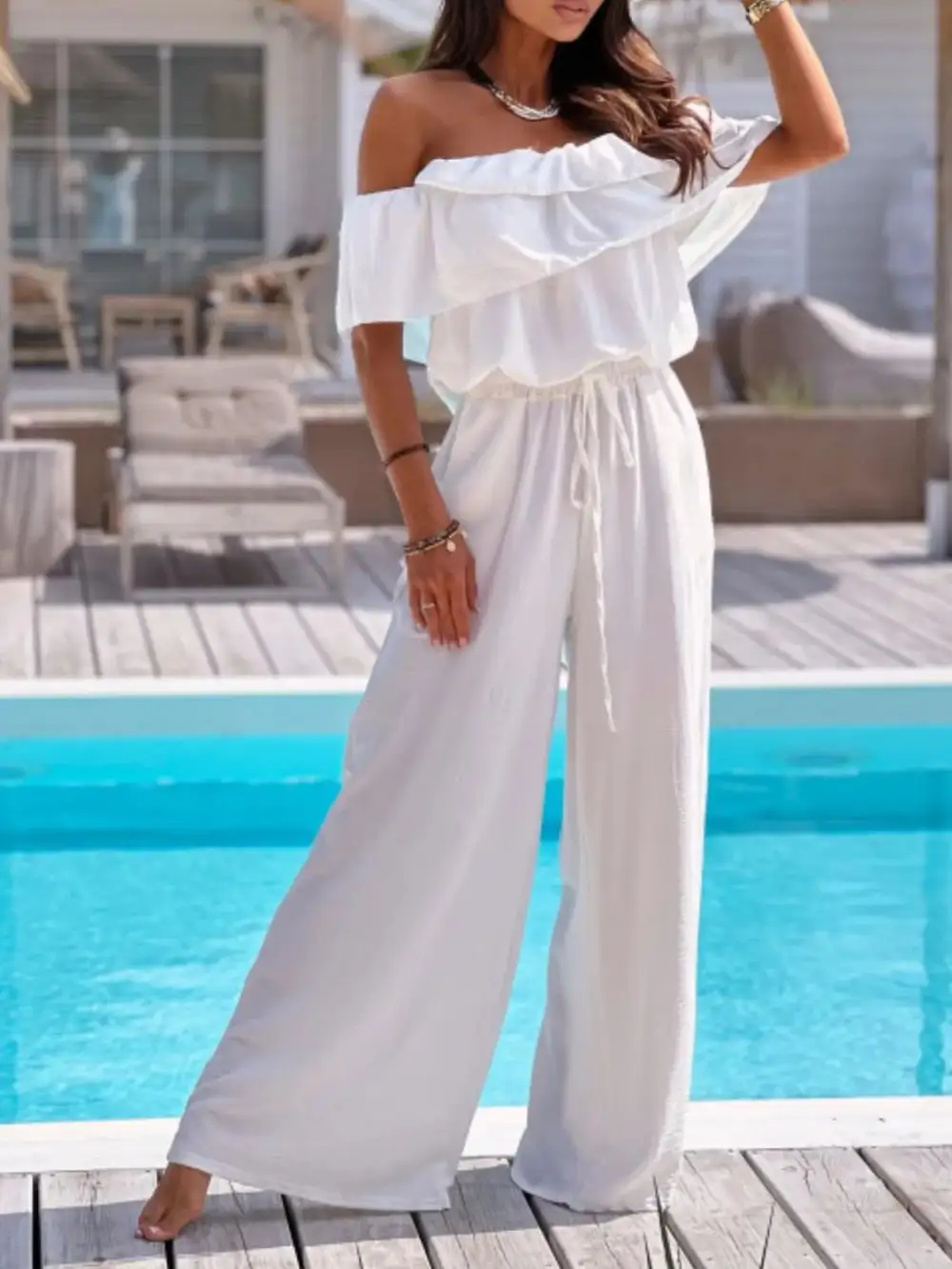 Shoulder Ruffled Wide Leg Jumpsuit
