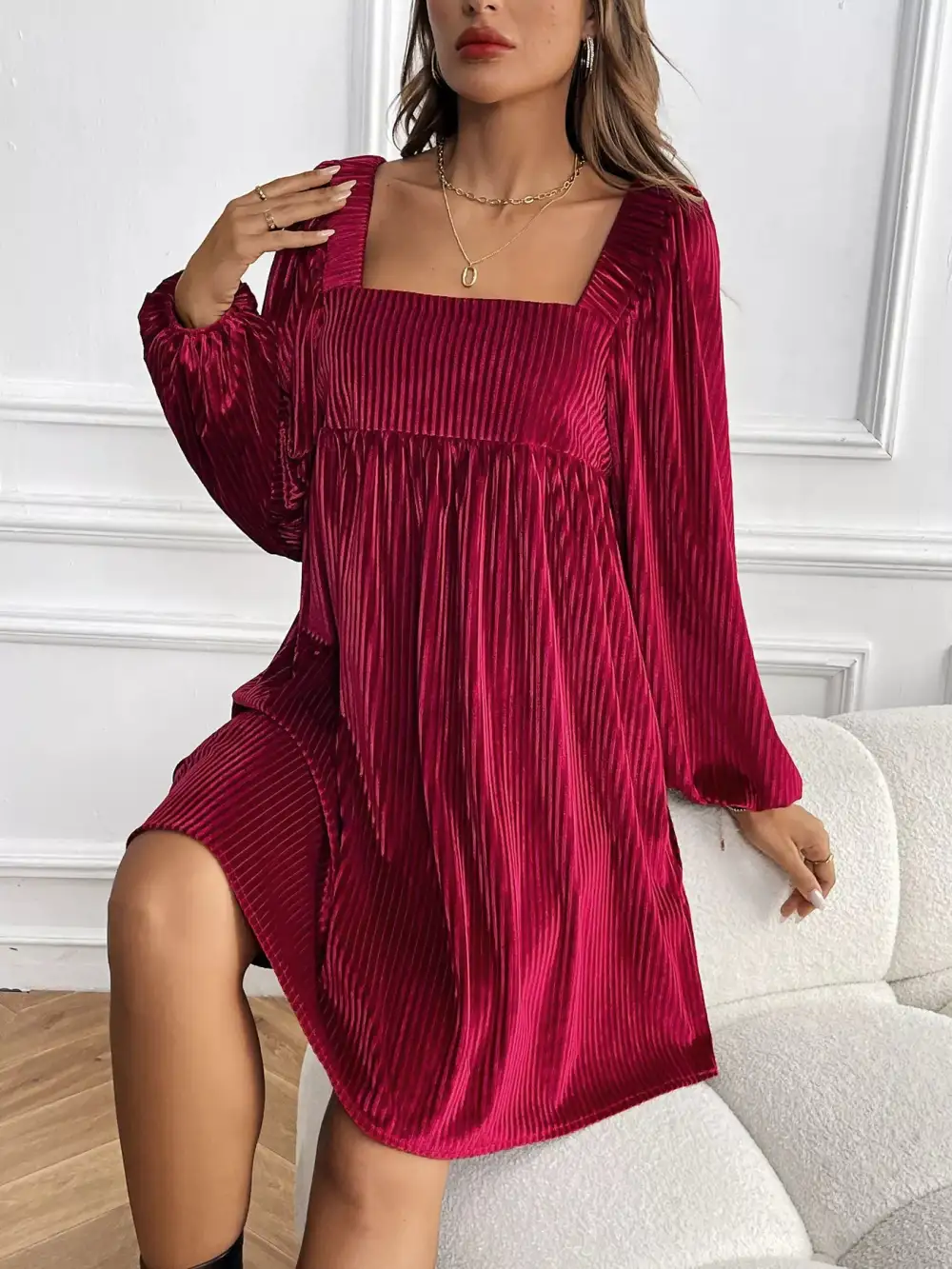 Soft Touch Velvet Square Neck Long Sleeve Dress