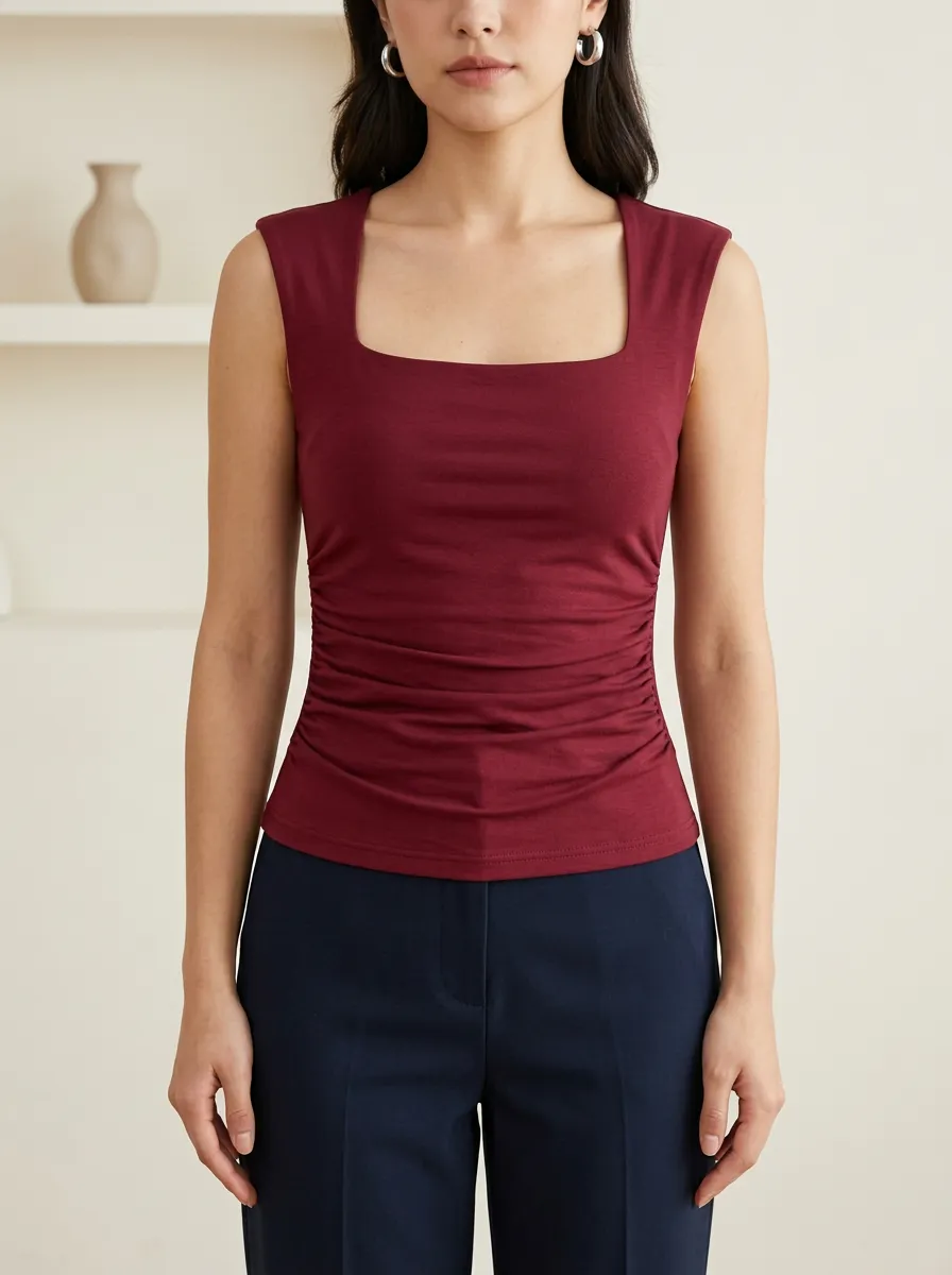 Square-Neck Waist-Ruched Ruched Tank Top