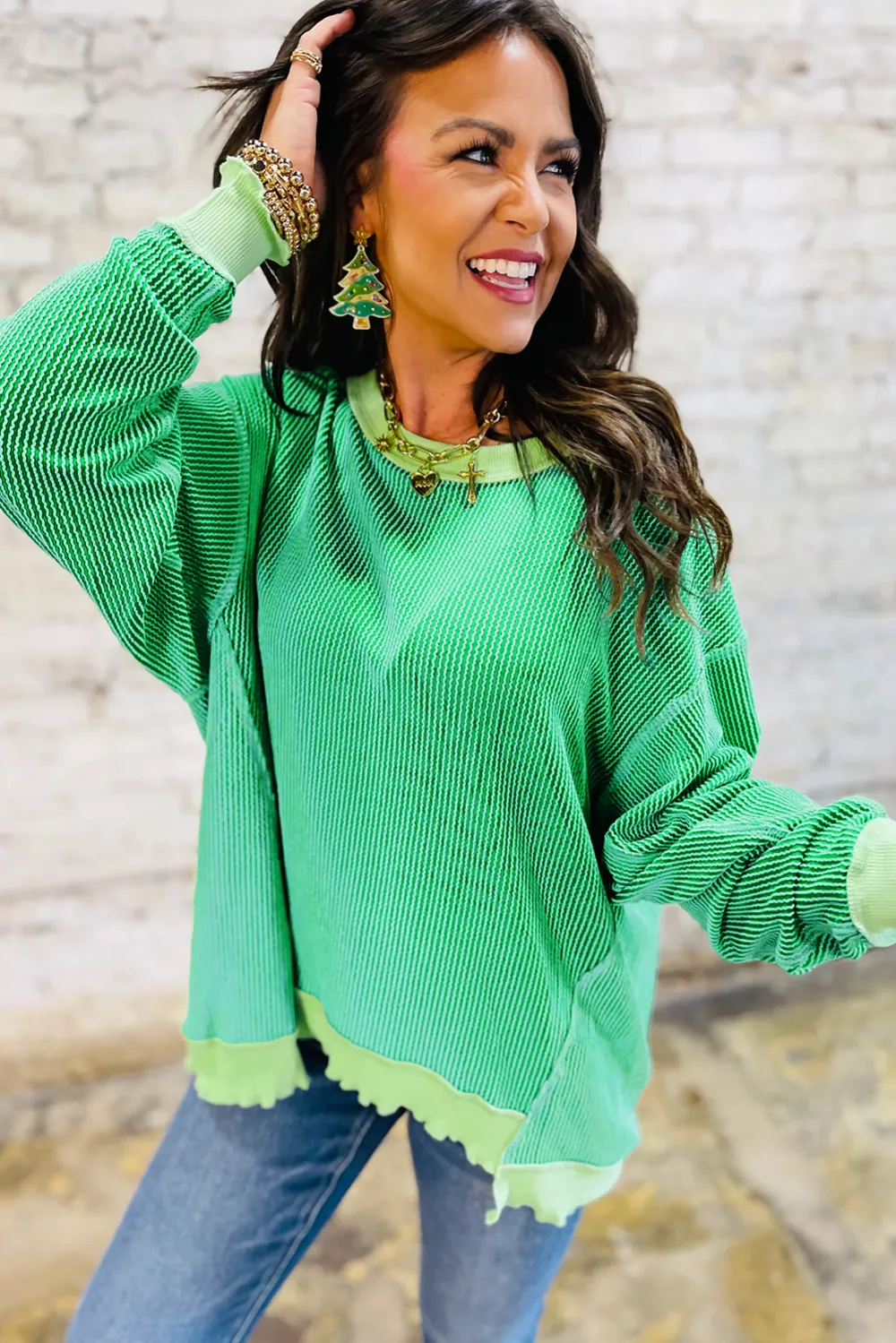 Bright Green Twisted Rib Uneven Top