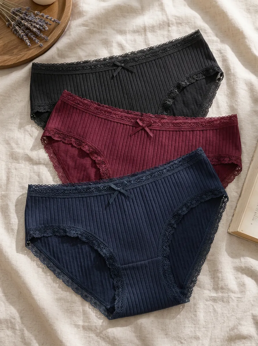 Women's Lace Trim Bow Detail Rib Texture 3-Piece Underwear Set