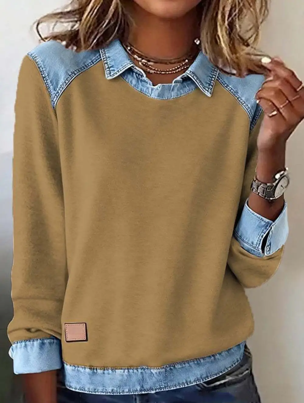 Denim Collar Patchwork Top
