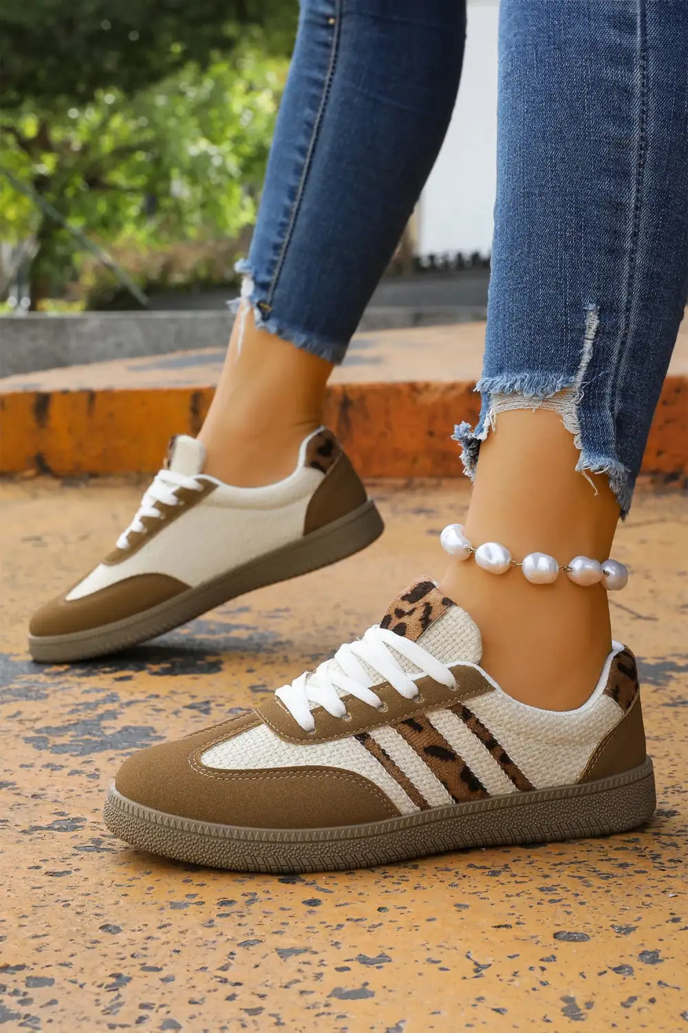 Leopard Patchwork Colorblock Lace-Up Casual Sneakers