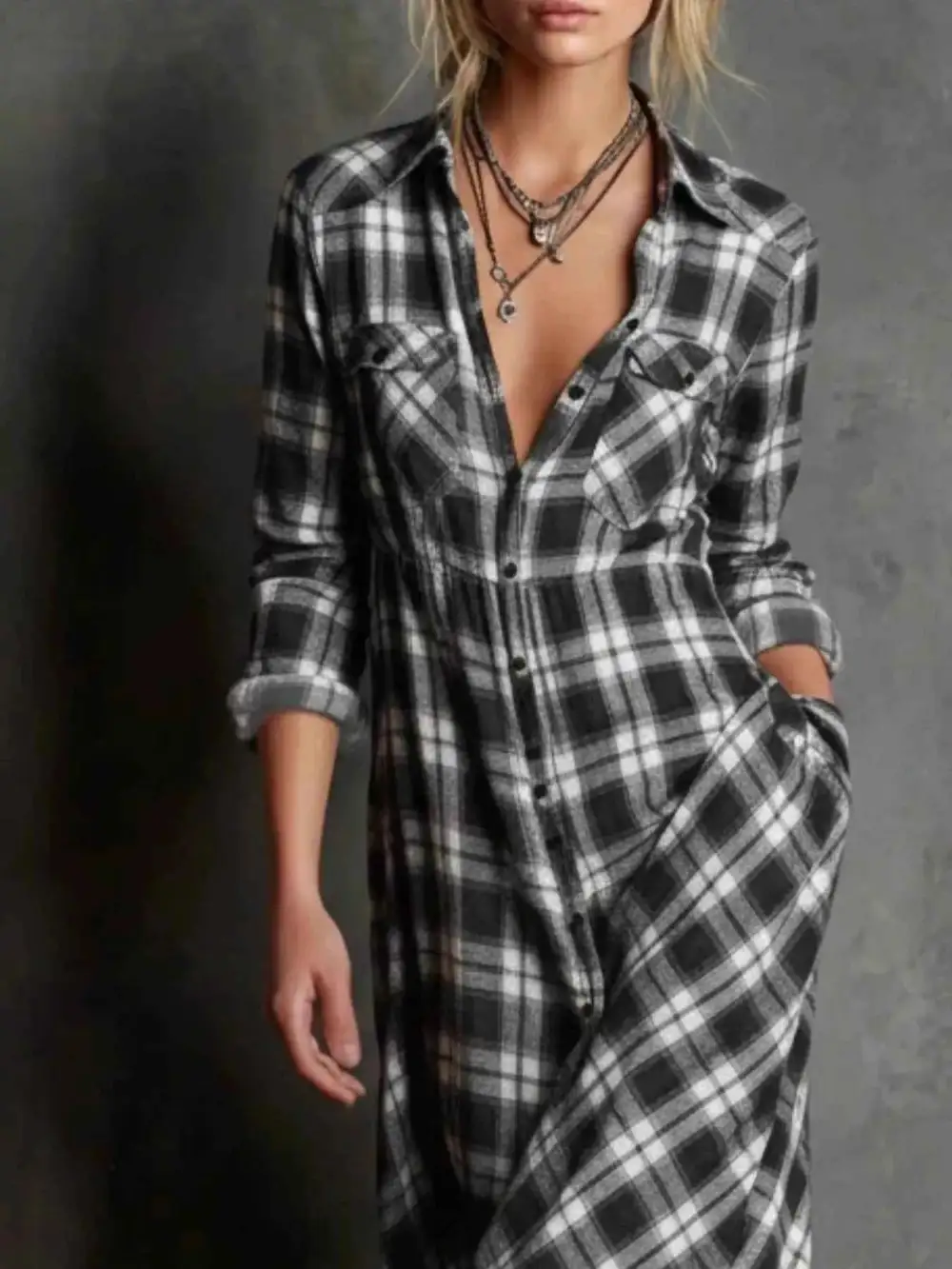 Plus Size Plaid Button Down Maxi Dress