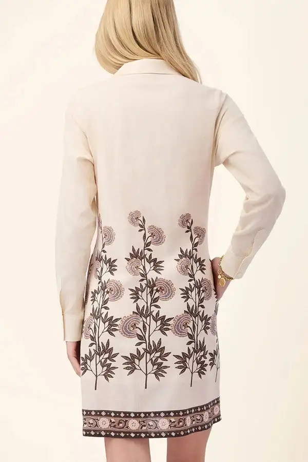 Beige Floral Embroidered Tunic Dress