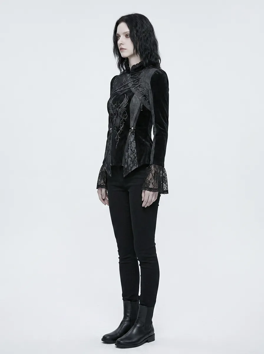 Women's Gothic Phoenix Lace Up Embroidered Printed Top