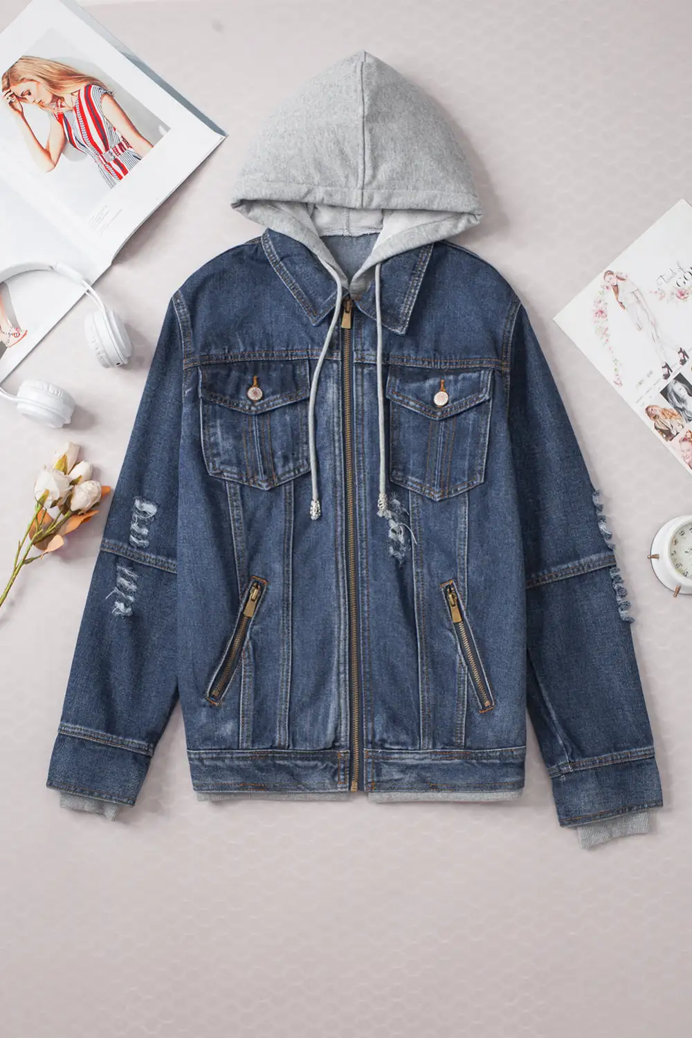 Women's Layered Hooded Zip Up Denim Jacket