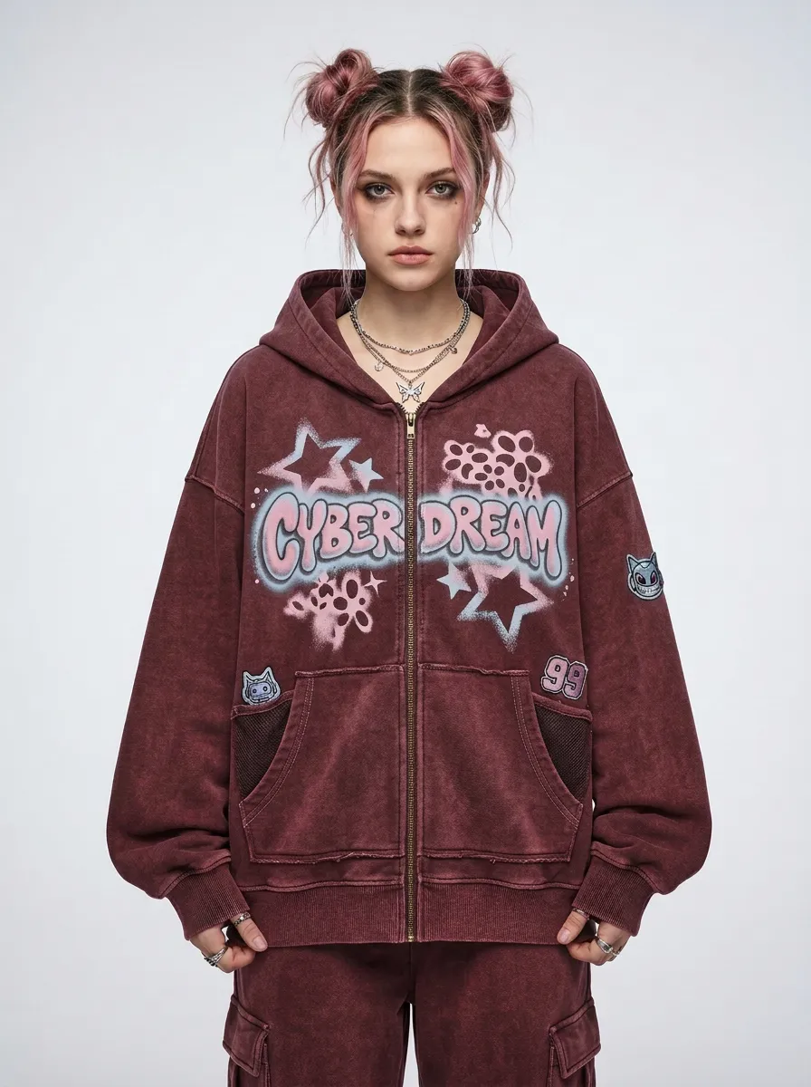 Women's Y2K Streetwear Cyber Dream Star Graphic Printed Zip-up Hoodie