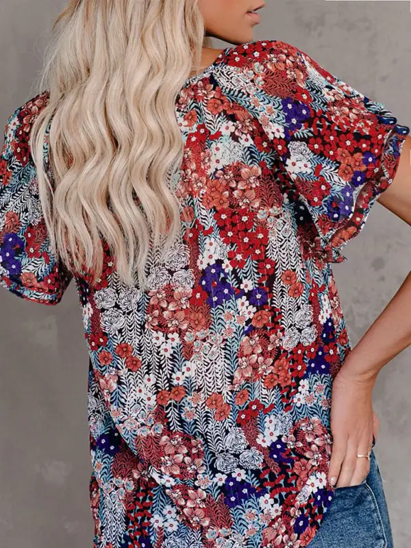 V-Neck Short-Sleeve Drop-Shoulder Relaxed-Fit Casual Shirt