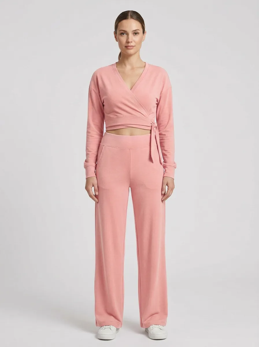 Women's Wrap-Front Side-Tie Crop Top and Wide-Leg Trouser Set