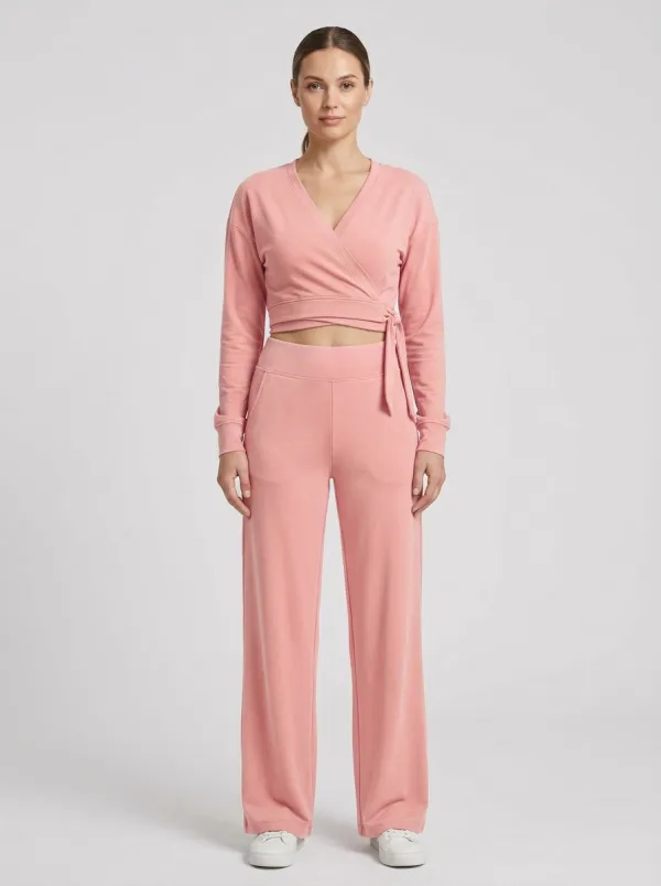 Women's Wrap-Front Side-Tie Crop Top and Wide-Leg Trouser Set