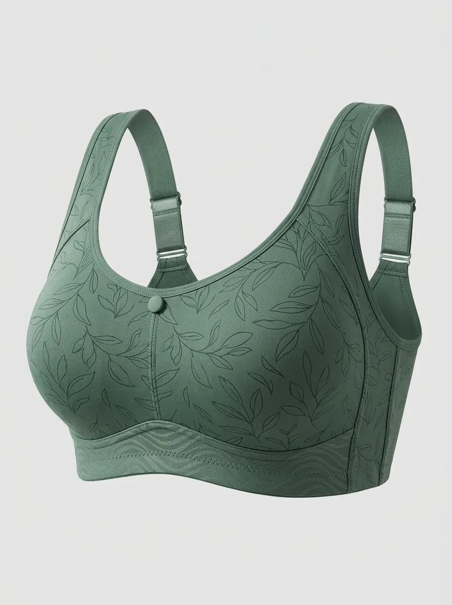 Women's Plus Size Sage Green Leaf Full-Coverage Textured Wireless Sports Bra