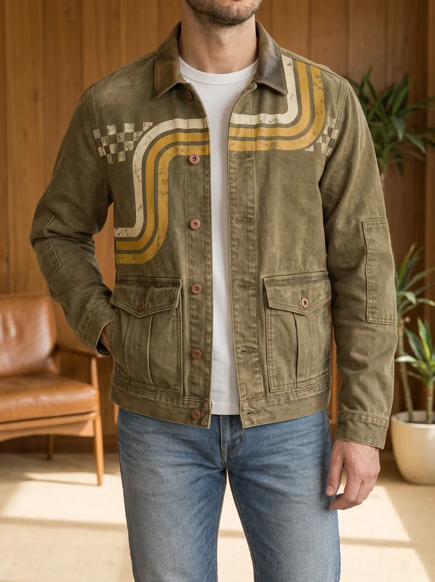 Men's Retro Racing Vintage Checkered Stripe Printed Jacket