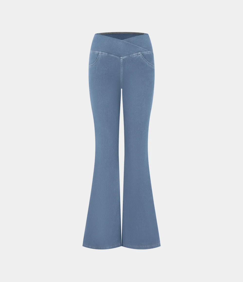 Magic High Waisted Crossover Pocket Cool Touch Washed Stretchy Knit Casual Super Flare Jeans