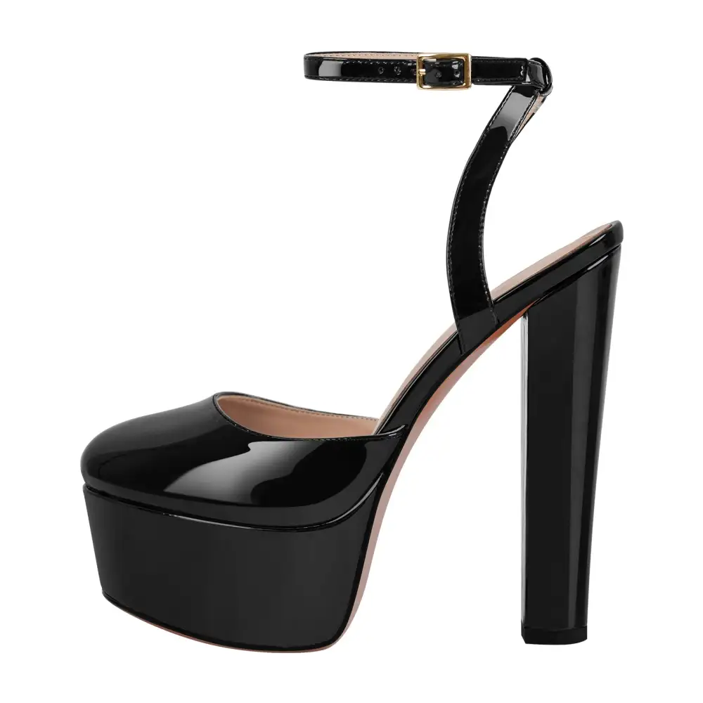 Round Toe Platform Chunky Heel Ankle Strap Pumps