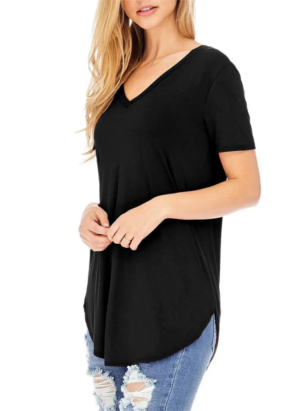 Burgundy Round - Hem V - Neck T - Shirt