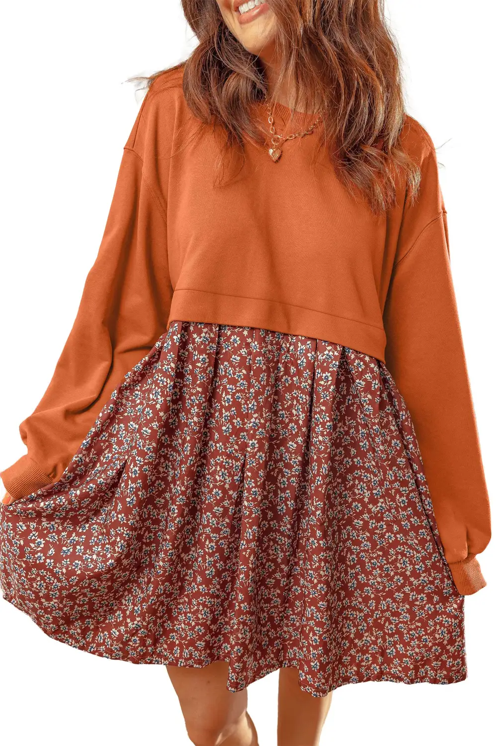Women's Floral Print Solid Flared Patchwork Mini Dress