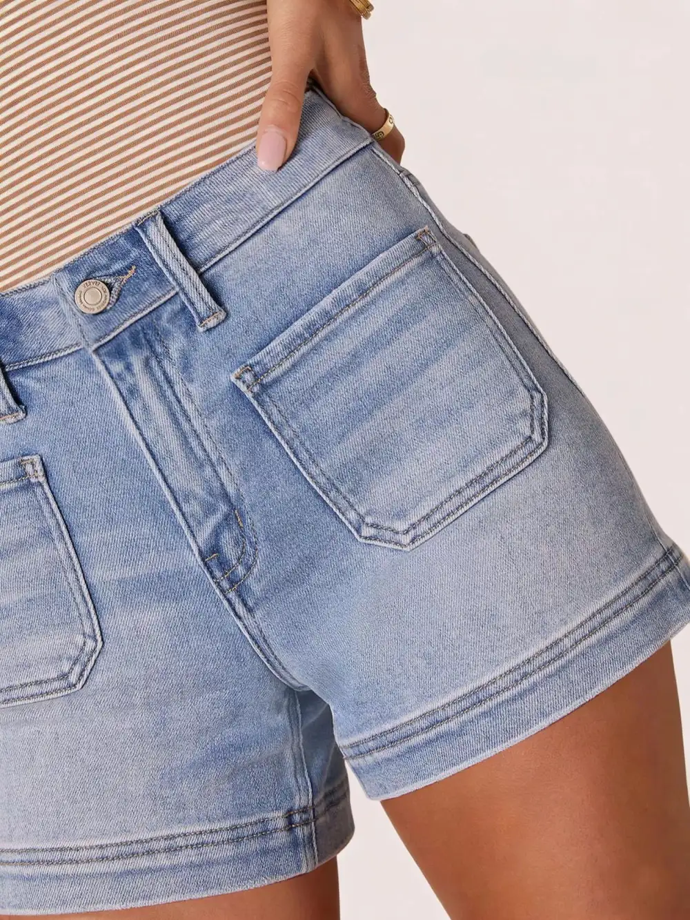 High-Waist Pocketed Cotton Denim Shorts