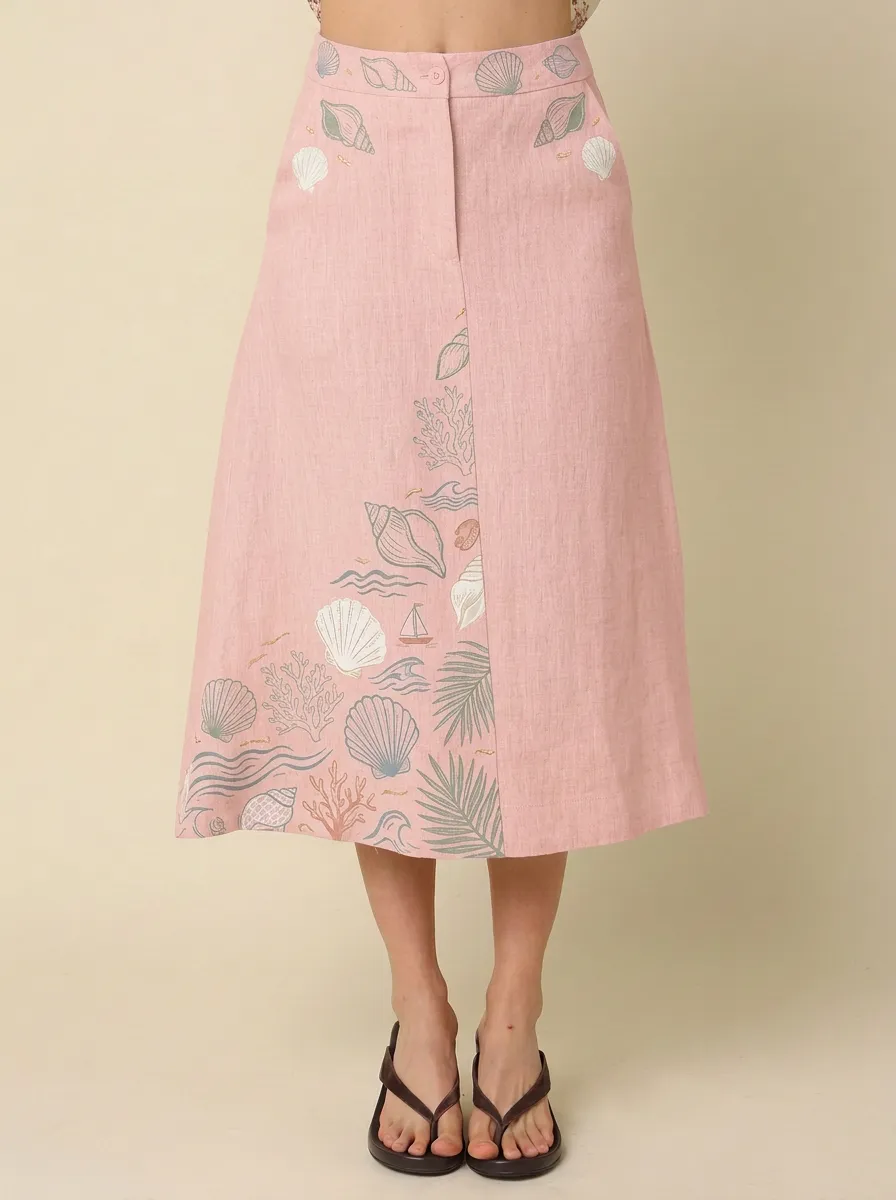 Women's Beach Lover Seashell Coral Palm Printed Midi Skirt