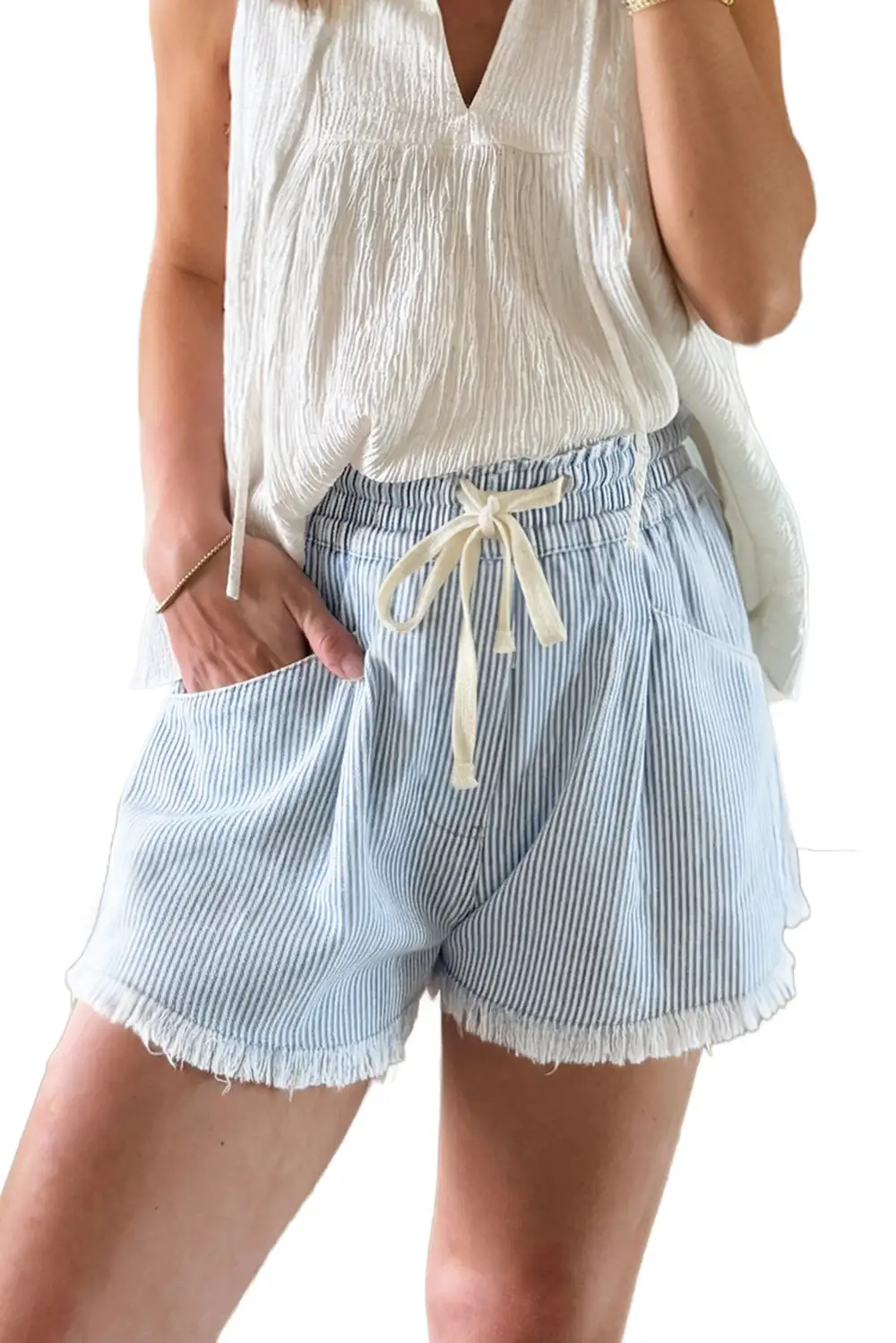 Raw Edge Drawstring Elastic Waist Casual Denim Shorts