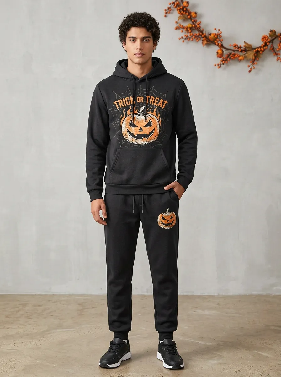 Men's Halloween Trick or Treat Flaming Pumpkin Printed Tracksuit
