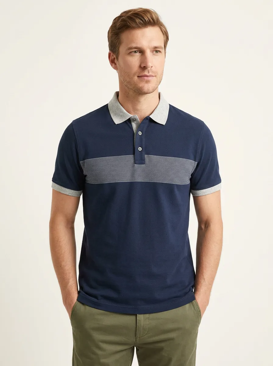 Men's Casual Navy Blue Striped Chest Printed Polo Shirt