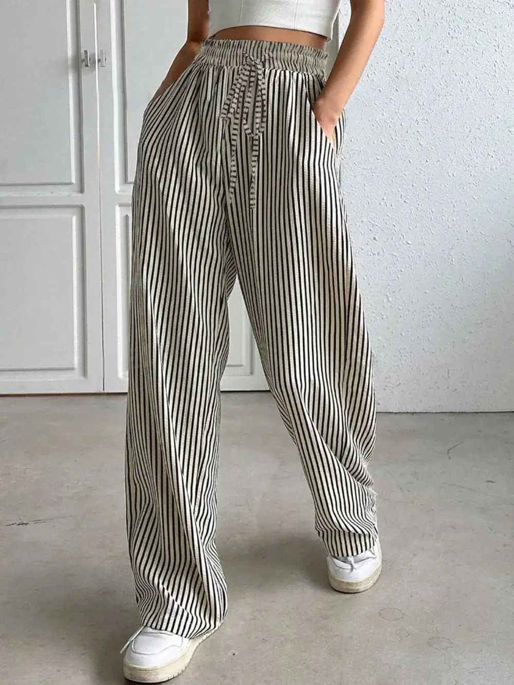 Drawstring Elastic Waist Striped Pocketed Pants