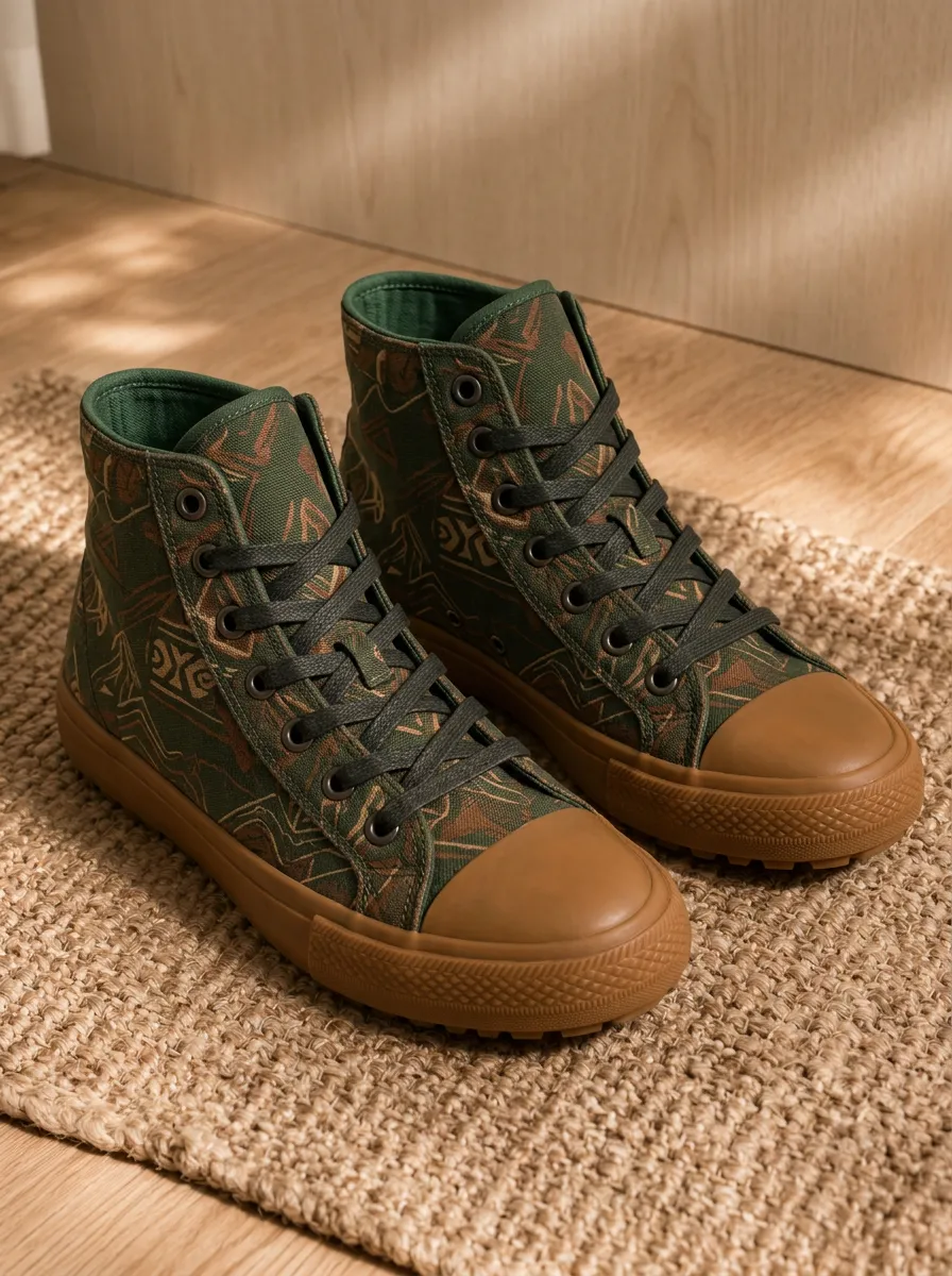 Men's Geometric Tribal Pattern Olive Green Printed Canvas Shoes