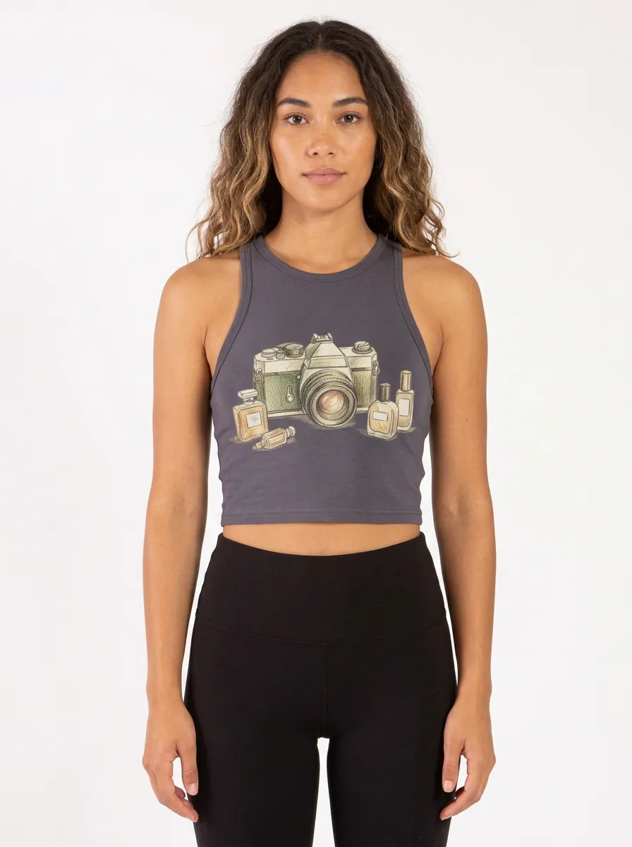 Women's Photography-Inspired Camera Perfume Bottles Printed Crop Tank Top