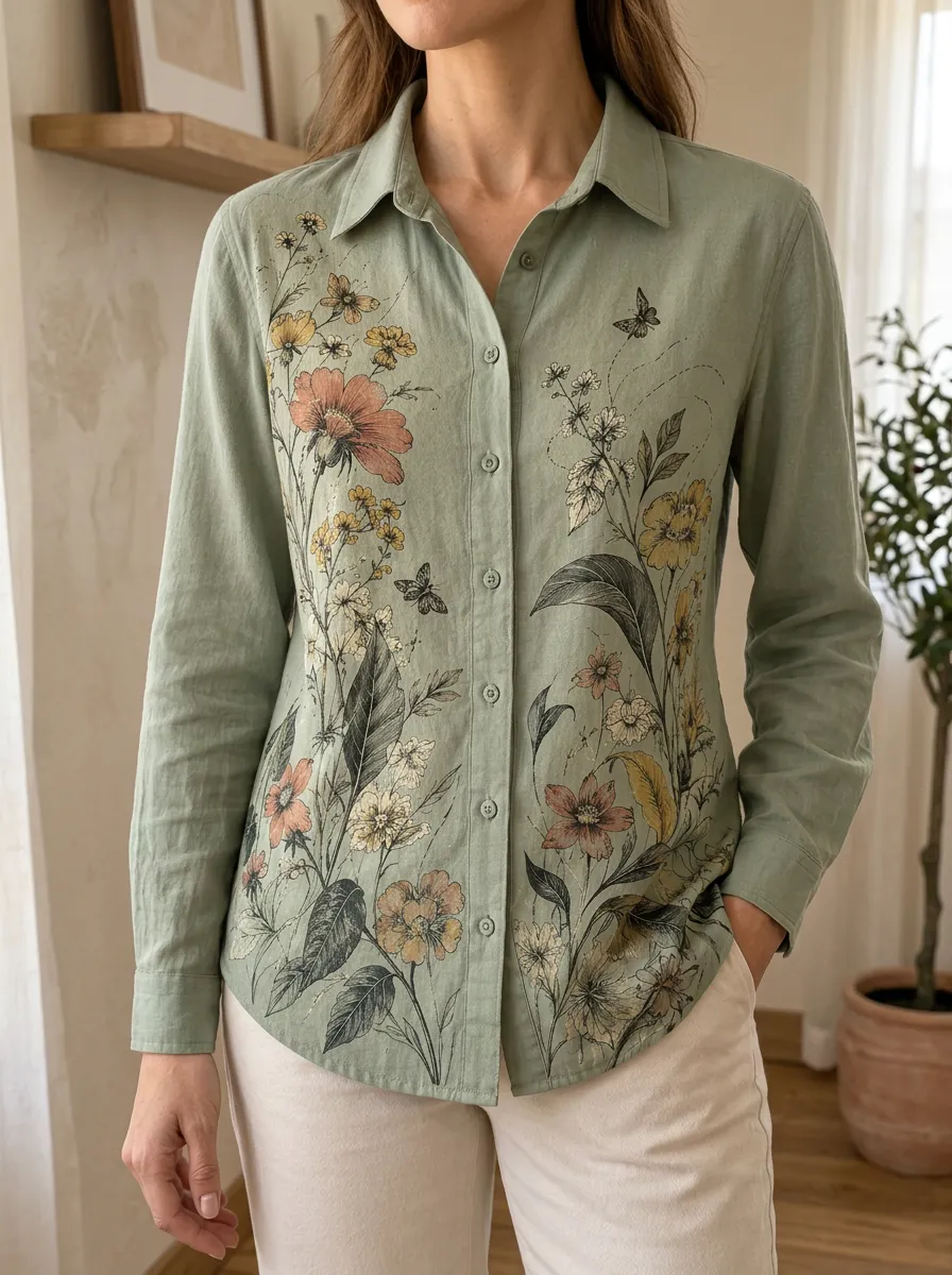 Women's Scenic Botanical Nature Lover Floral Butterfly Shirt