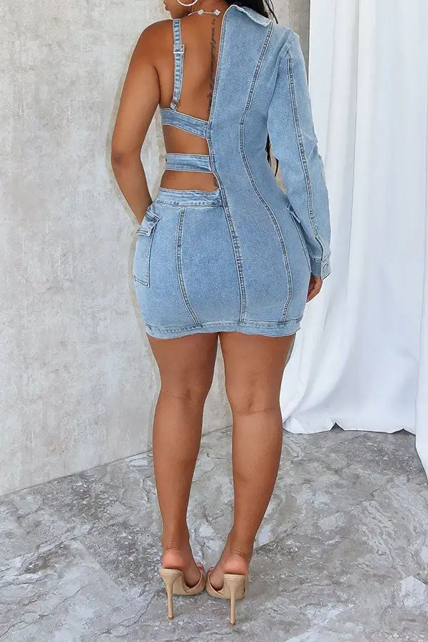 Blue Denim Cutout Asymmetric Mini Dress