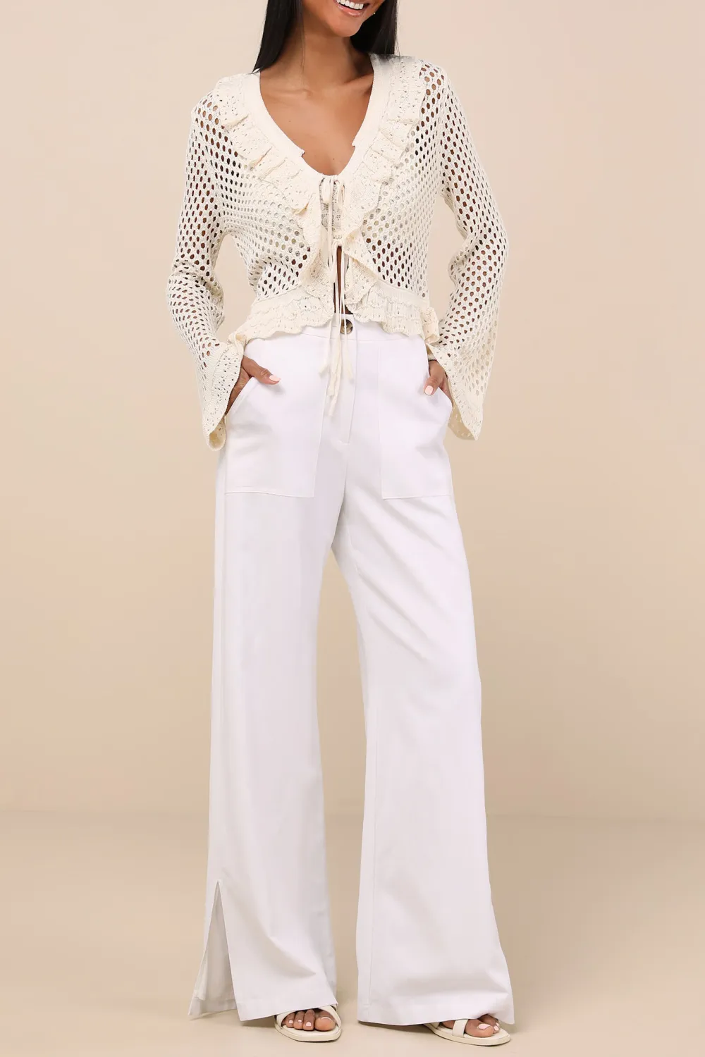 Cotton Knit Tie-Front Long Sleeve Top